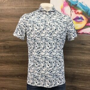 G/FORE Men's Short Sleeve Button‎ Down Shirt Floral Print Blue White Size L